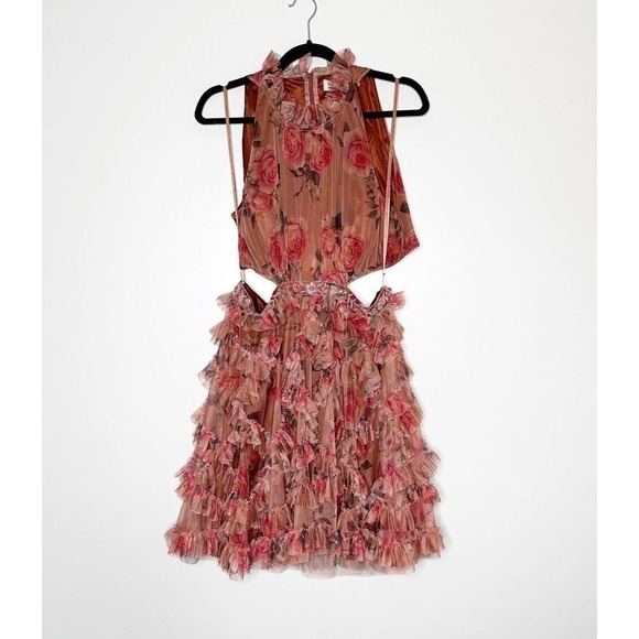 NWOT Mac Duggal Floral Ruffled Cutout Halter Mini Dress Women's Pink Size 12 - Picture 3 of 9